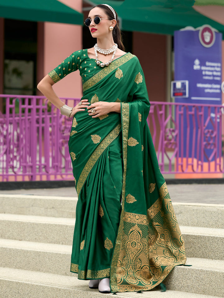 Green satin saree crafted for elegance and style.