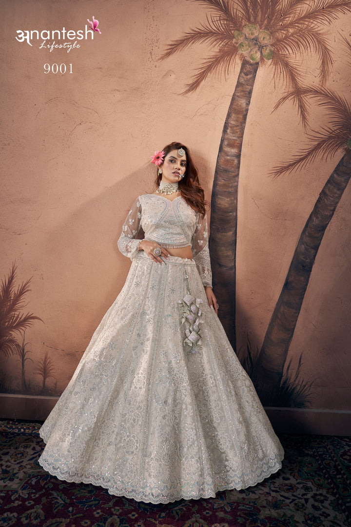 White Heavy Embroidered Bridal Lehenga | Wedding Crop Top Lehenga