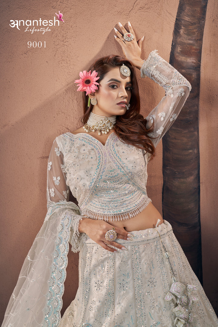 White Heavy Embroidered Bridal Lehenga | Wedding Crop Top Lehenga