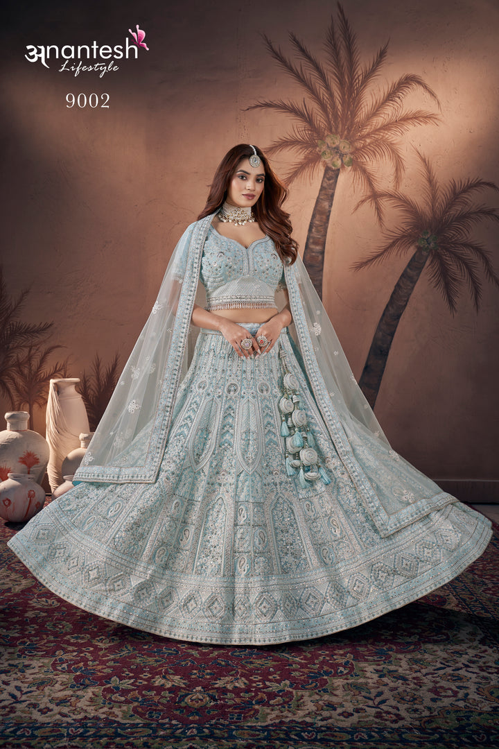 Sky Blue Bridal Handwork Lehenga Choli | Party Wear Georgette Lehenga