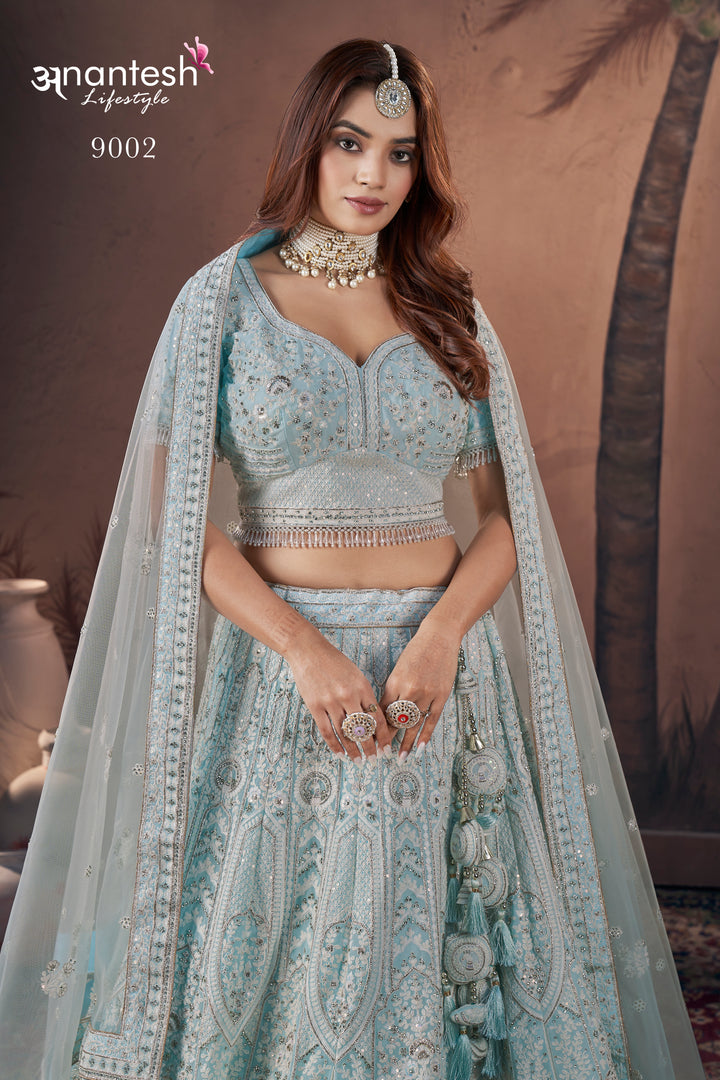 Sky Blue Bridal Handwork Lehenga Choli | Party Wear Georgette Lehenga