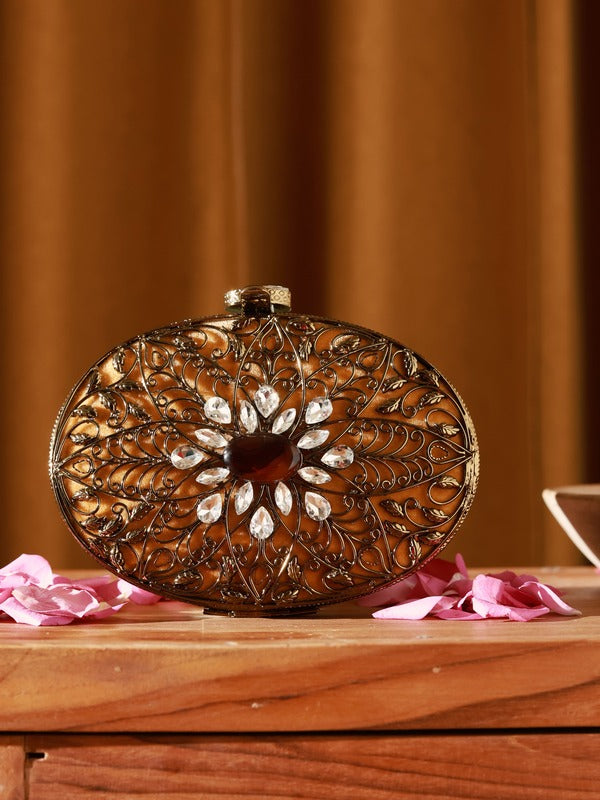 Mirza Intricate Brass Clutch | Embellished Statement Bag for Events