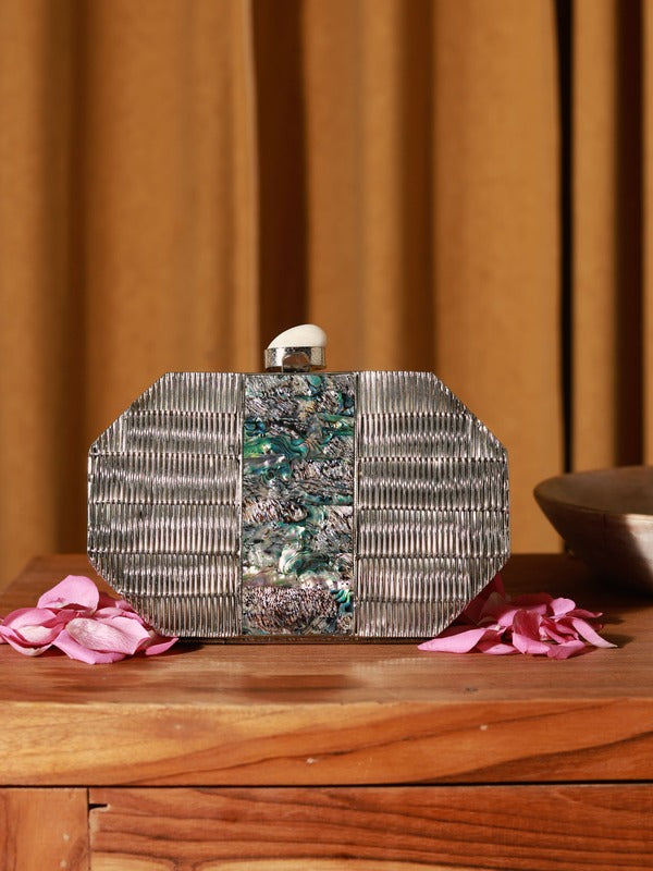 Misha Silver Mother of Pearl Clutch | Elegant Designer Evening Bag