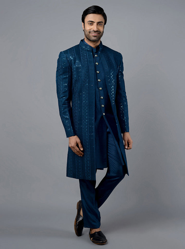 Elegant Teal Blue Indowestern with front open design for men