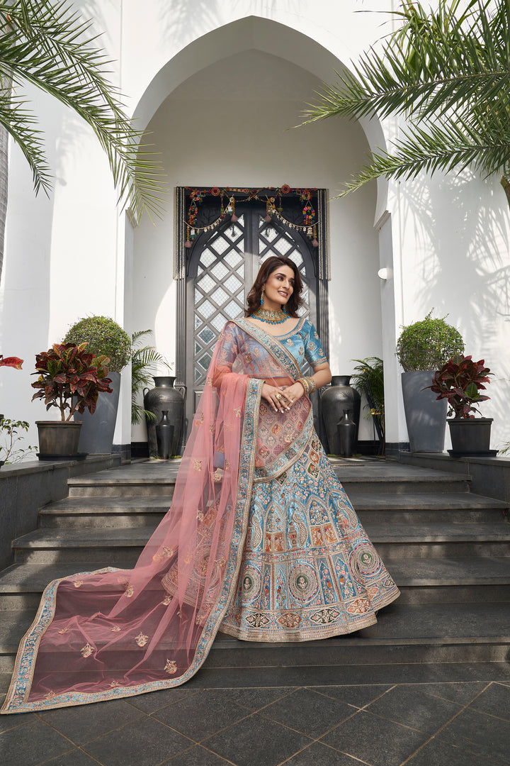 Sky Blue Velvet A-Line Lehenga Choli | Embellished with Stone Work