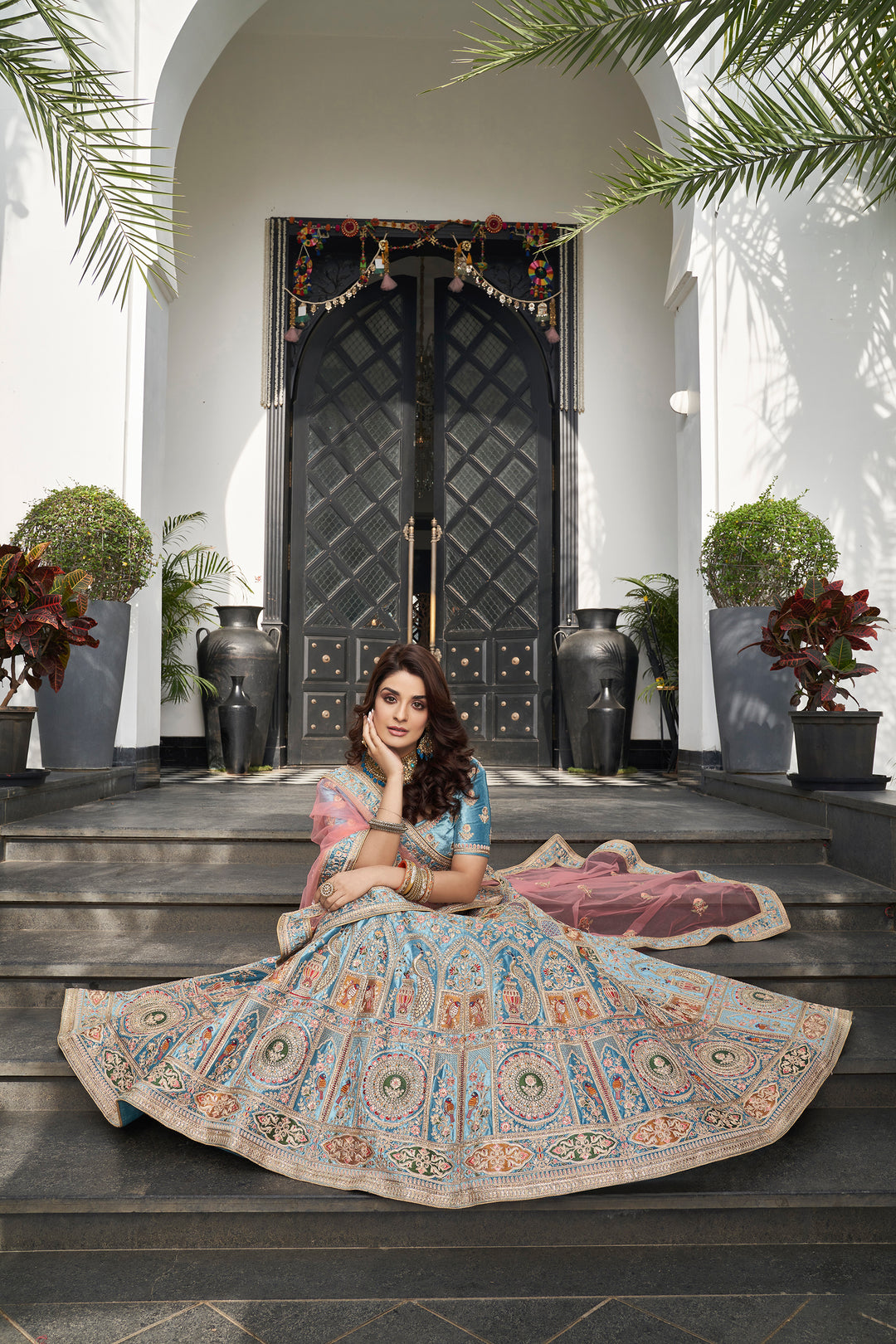 Sky Blue Velvet A-Line Lehenga Choli | Embellished with Stone Work