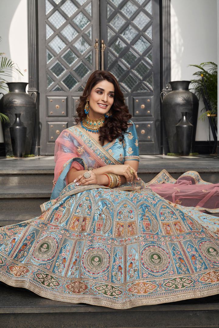 Sky Blue Velvet A-Line Lehenga Choli | Embellished with Stone Work