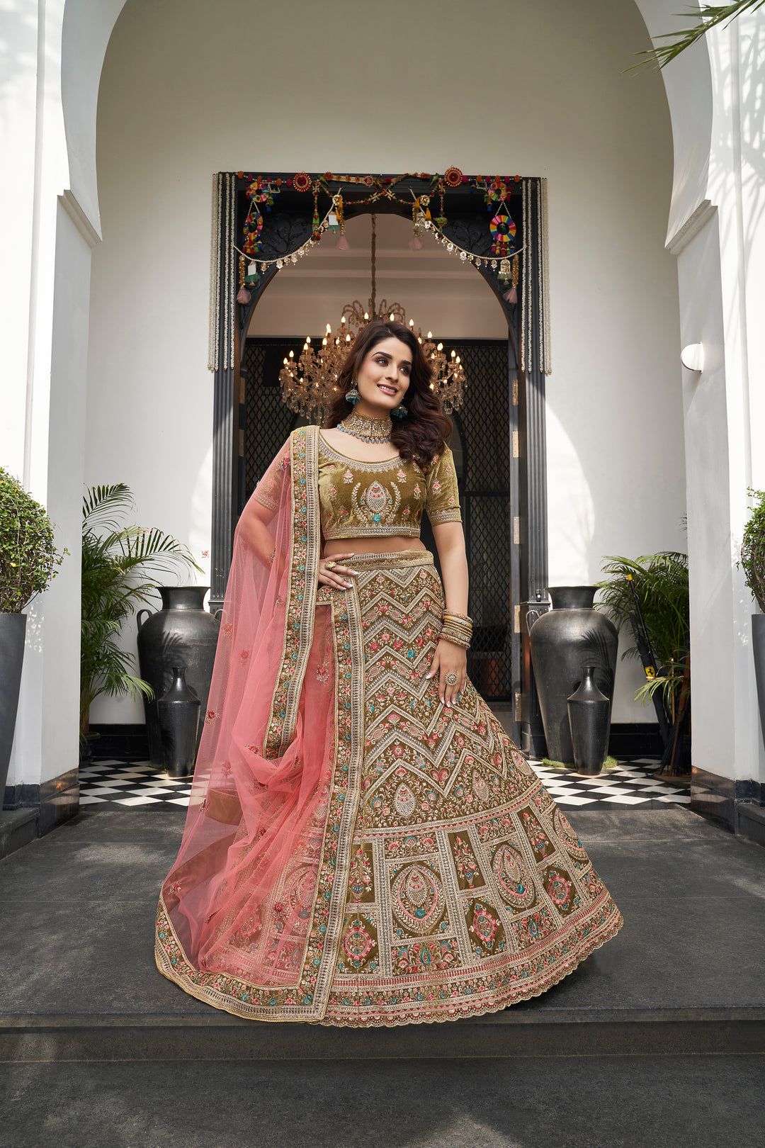 Olive Green Velvet Lehenga Choli | Thread & Sequins Work Blouse Set