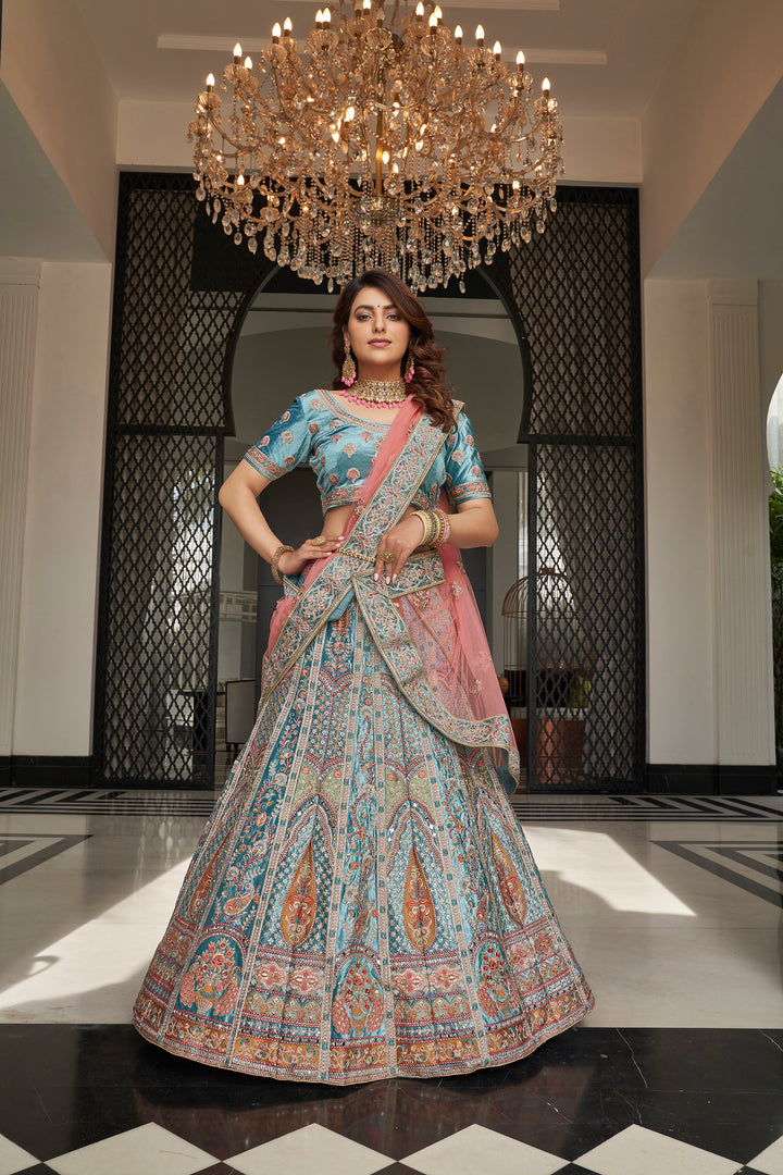 Luxurious Sky Blue Velvet Lehenga | Sequins & Zarkan Work Choli & Dupatta