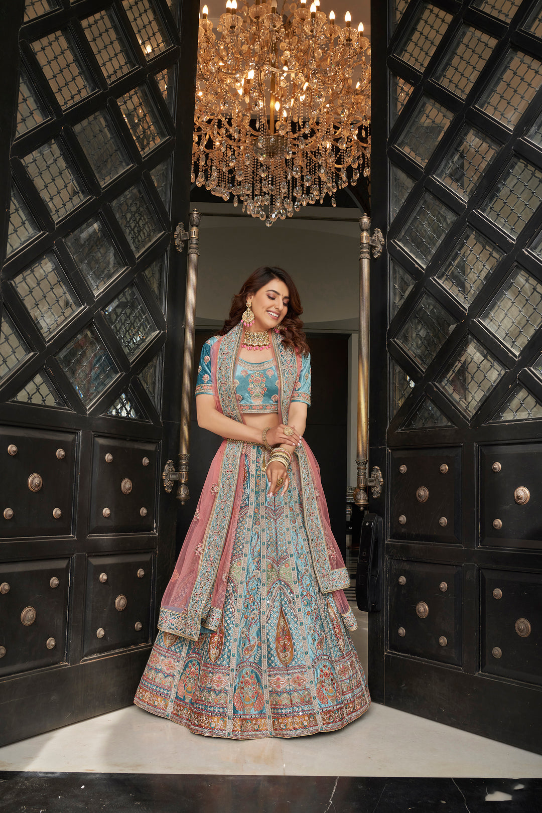 Luxurious Sky Blue Velvet Lehenga | Sequins & Zarkan Work Choli & Dupatta