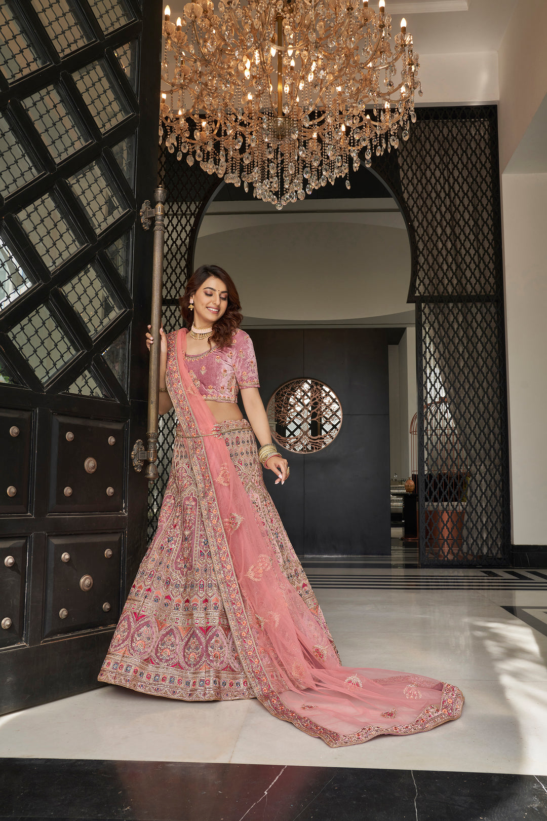 Captivating Pink Velvet Lehenga Choli | Dori, Zari & Sequins Work