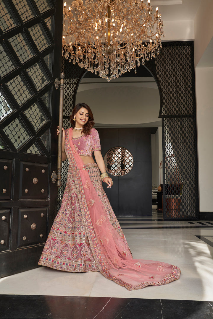 Captivating Pink Velvet Lehenga Choli | Dori, Zari & Sequins Work