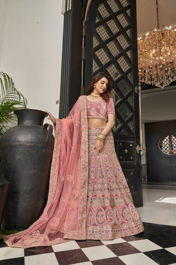 Captivating Pink Velvet Lehenga Choli | Dori, Zari & Sequins Work