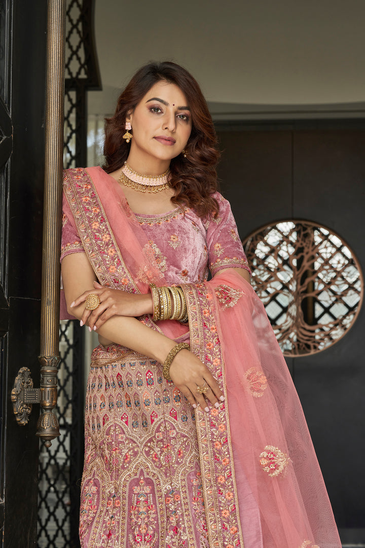 Captivating Pink Velvet Lehenga Choli | Dori, Zari & Sequins Work