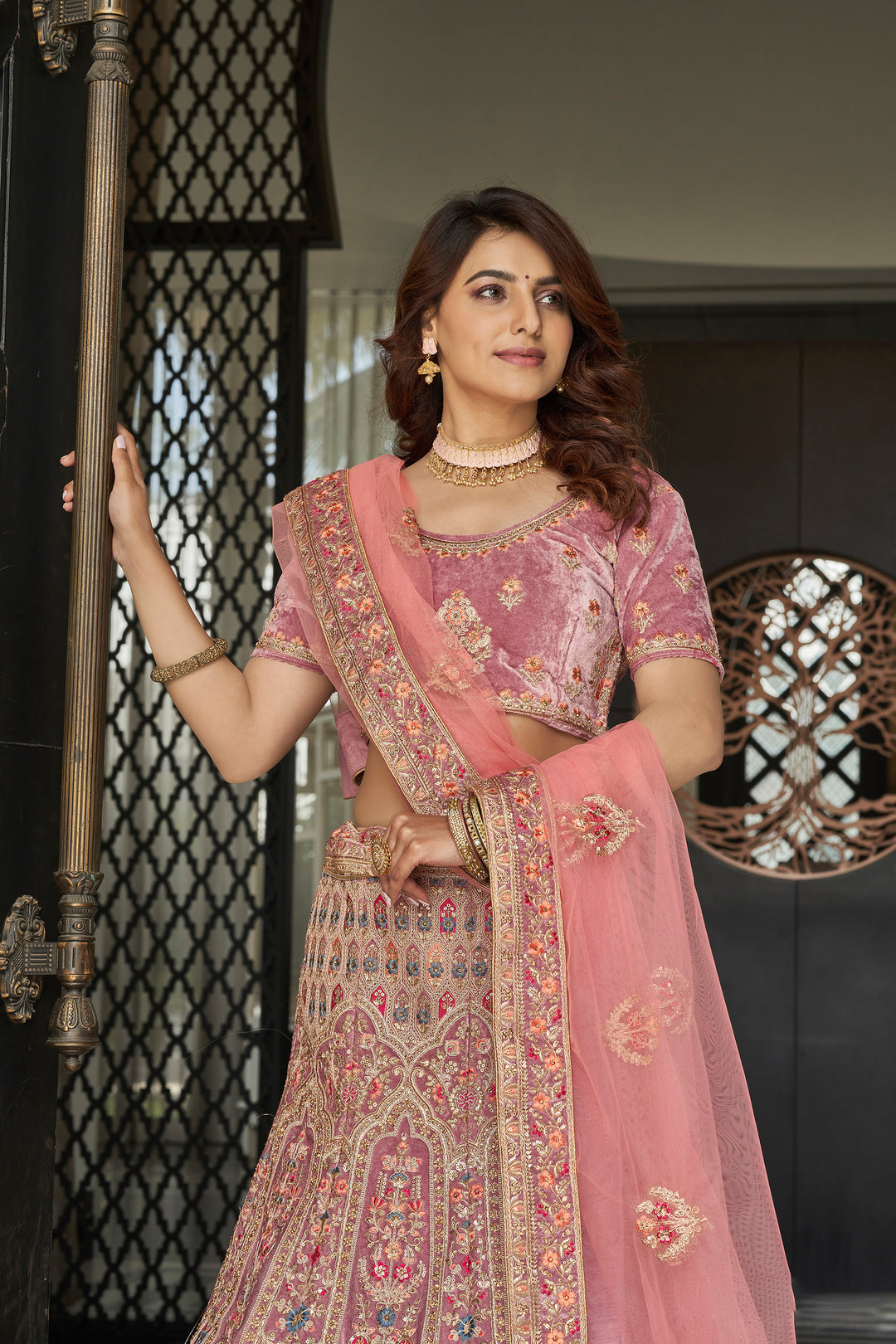 Captivating Pink Velvet Lehenga Choli | Dori, Zari & Sequins Work