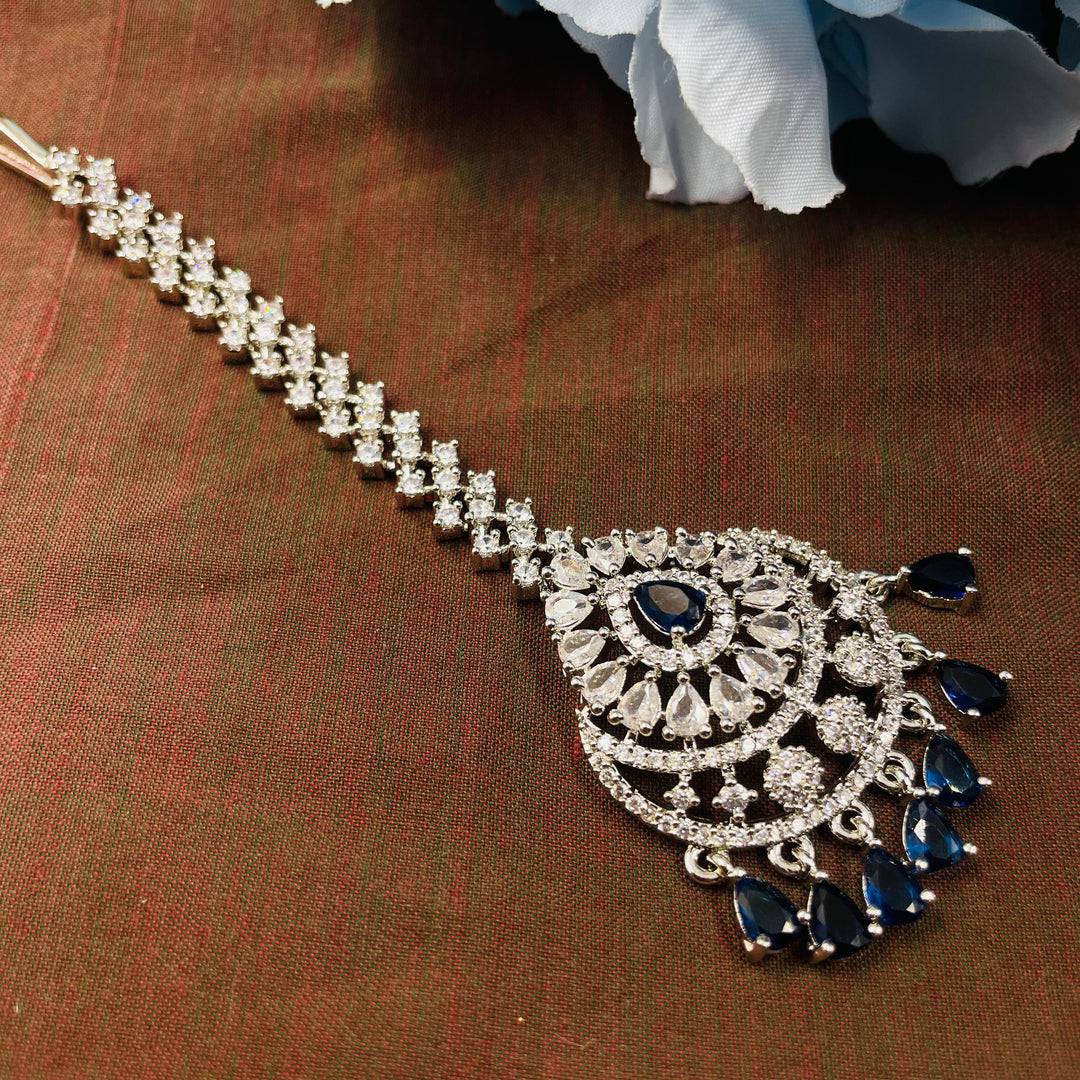 Beautiful Silver AD diamond maang tika, a must-have accessory for Indian weddings.