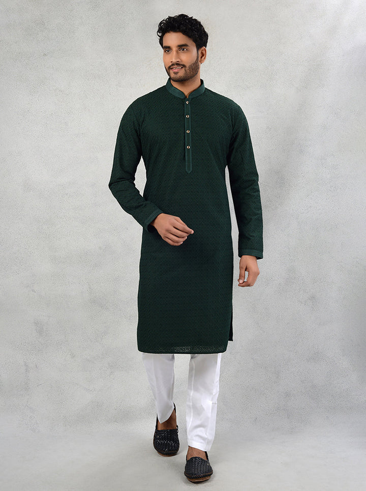 Traditional green embroidered kurta pajama with thread work for men's Mehndi.