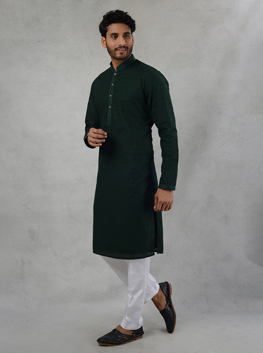 Traditional green silk kurta pajama, crafted with embroidery for USA festive events.