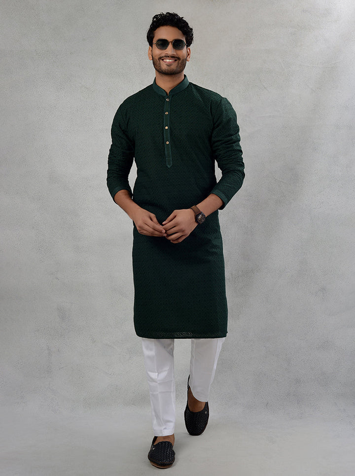 Resham thread work detailed green kurta pajama for men with classic straight cut.