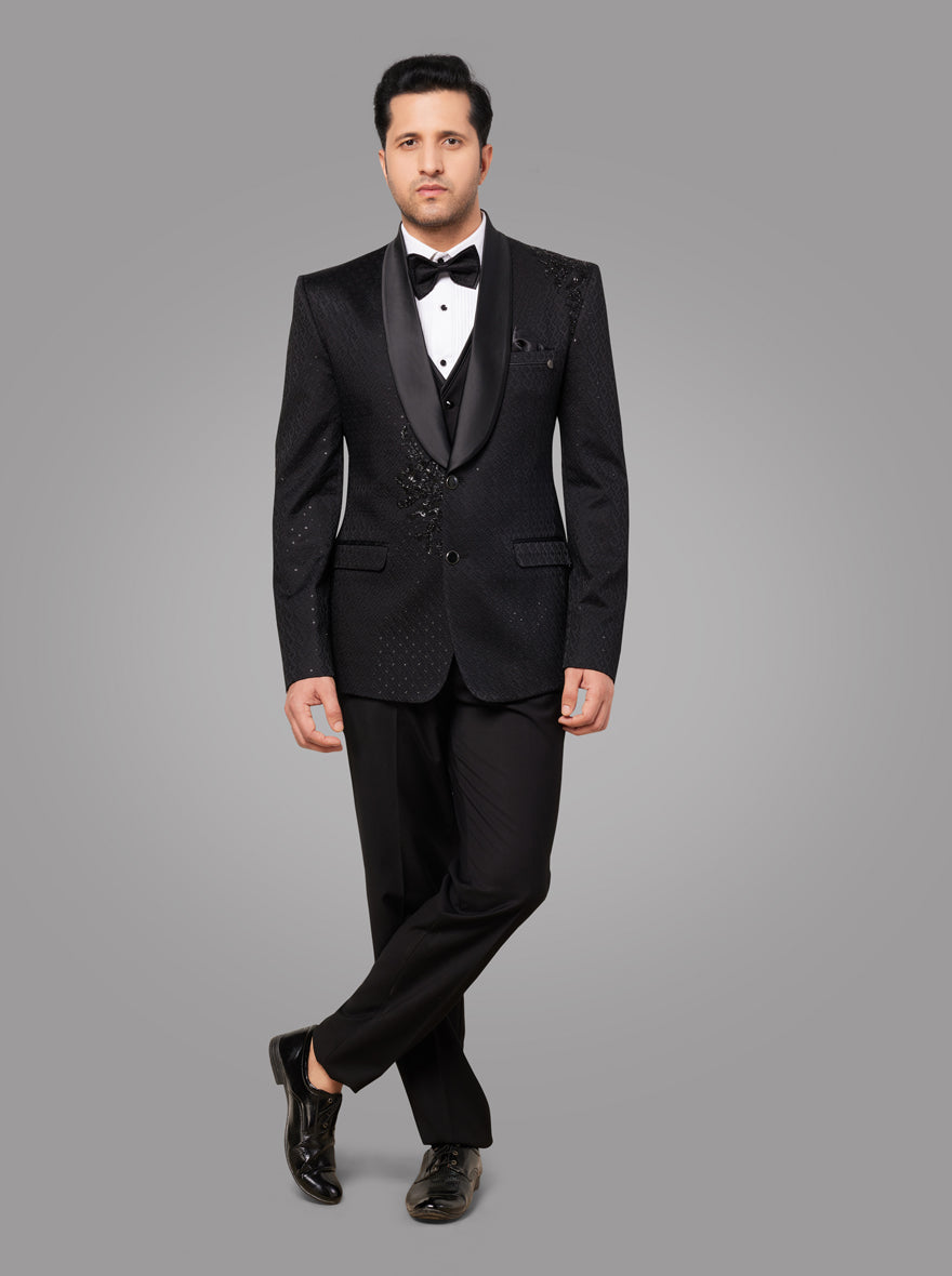 Luxurious JadeBlue black embroidered suit, offering a stylish fit for men in a comfortable regular design.