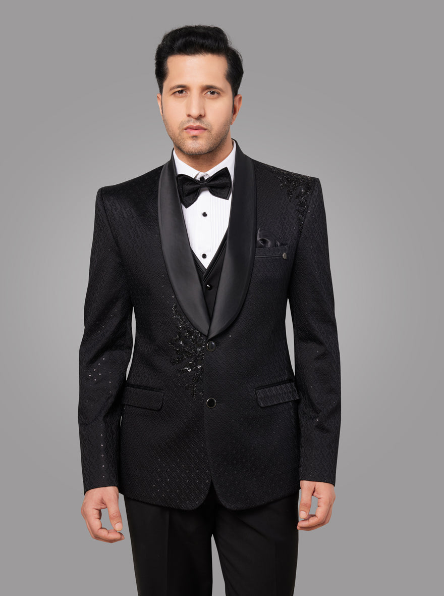 Premium black silk blend suit with exquisite embroidery, designed for formal wear and special occasions.