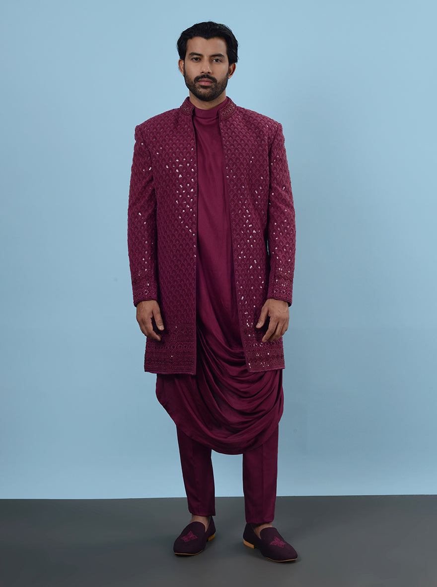 Dazzle in this Wine Indowestern made from Georgette and Rayon, ideal for stylish events in the USA, showcasing beautiful Resham and sequins work for an elegant touch.