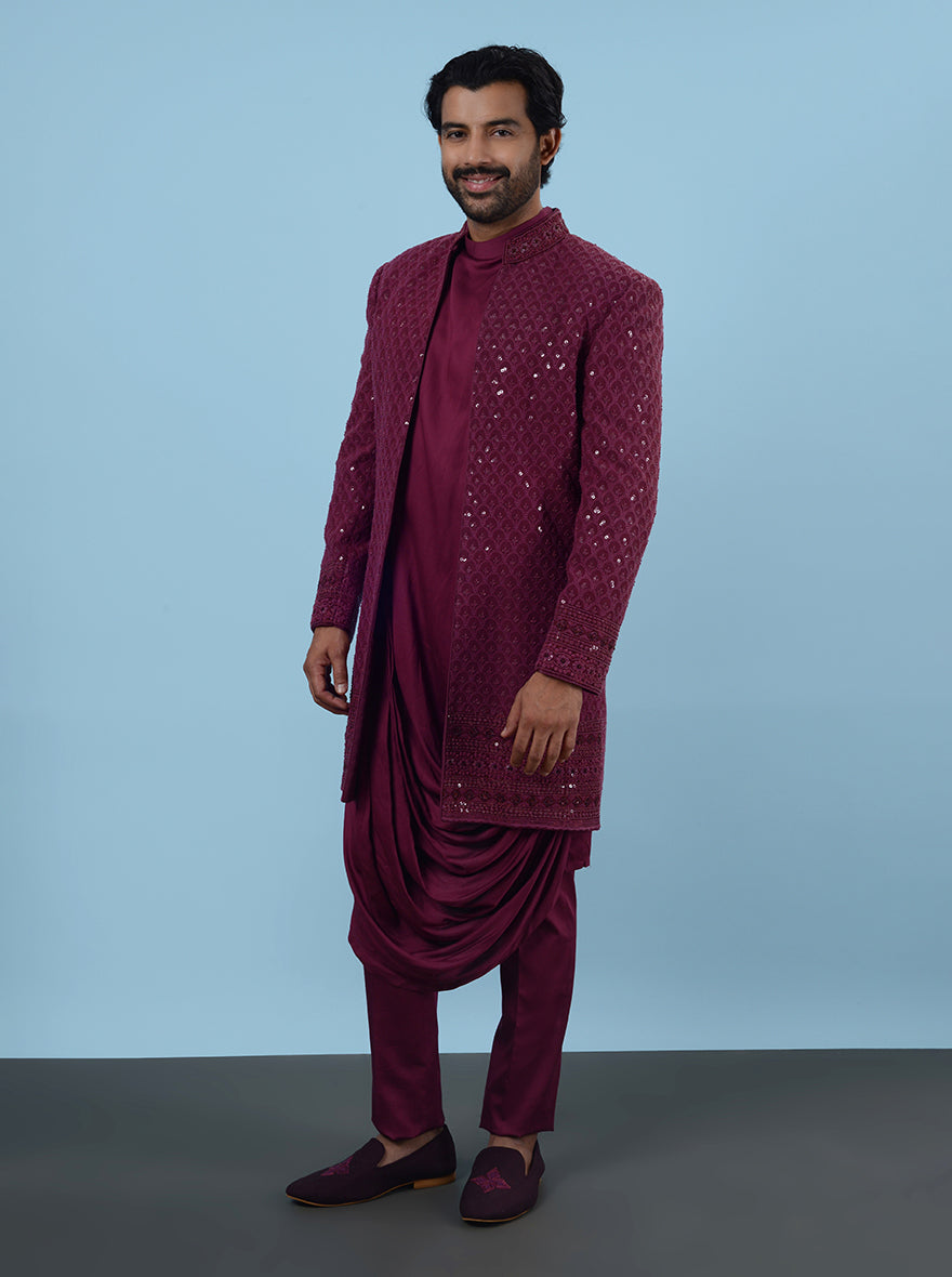 Shine at any celebration in the USA with this Wine Indowestern made from Georgette and Rayon, adorned with intricate Resham and sequins work for a refined and stylish look.