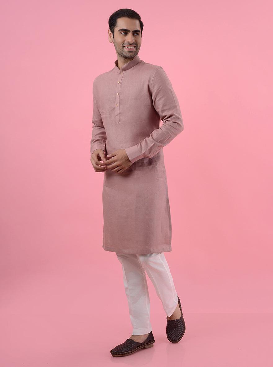 Men's onion pink linen kurta set, perfect for casual ethnic wear on traditional occasions.