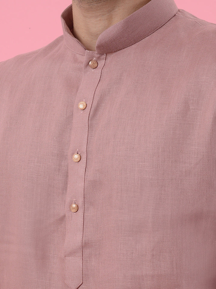 Onion pink linen kurta set for men, ideal for casual ethnic wear and everyday celebrations.