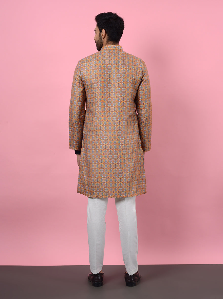 Shine at celebrations with this fashionable Khaki Kurta Pajama tailored for modern men.