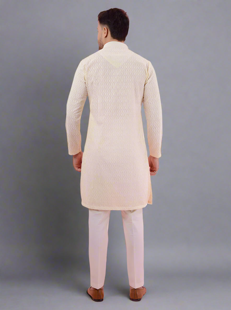 Men's cream silk blend embroidered kurta pajama, designed for traditional and cultural wear.