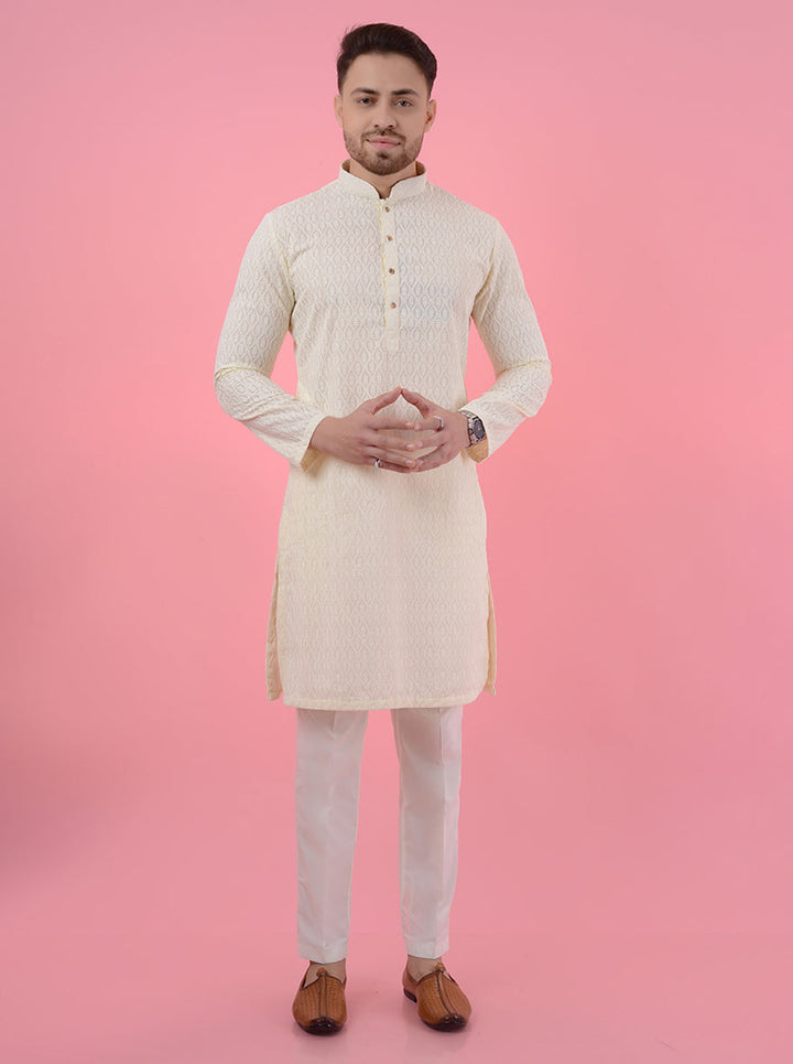 Elevate your festive wardrobe with this cream silk kurta pajama, ideal for weddings and celebrations in the USA.