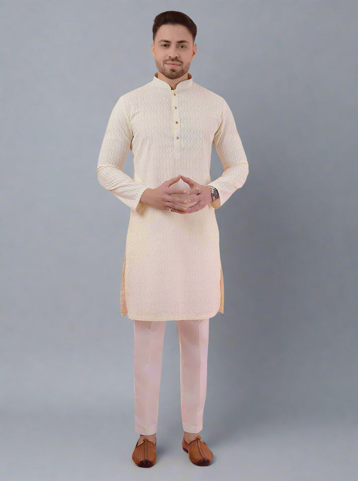 Stylish cream silk blend kurta pajama for men, ideal for weddings, poojas, and festive events.