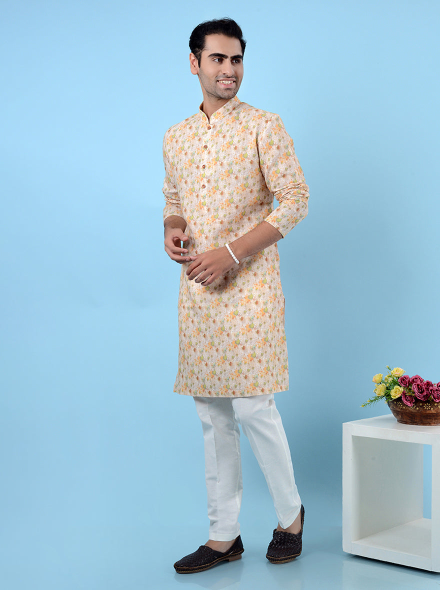 Men's beige multi linen kurta pajama set, designed for ethnic occasions with a comfortable and classic look.