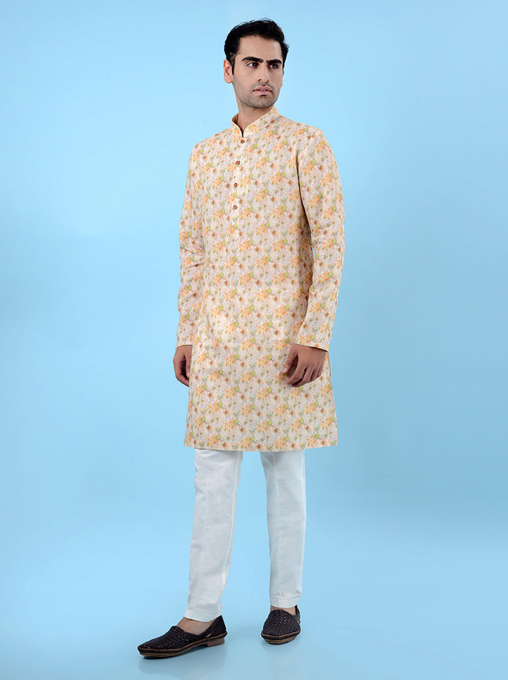 Stylish beige multi linen kurta pajama for men, offering a traditional touch for cultural events.