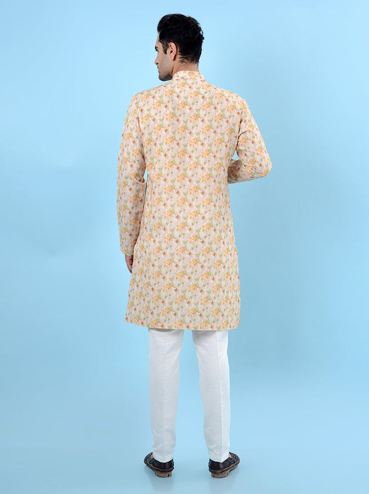 Elegant beige multi linen kurta pajama set for men, perfect for weddings, festivals, and other occasions.