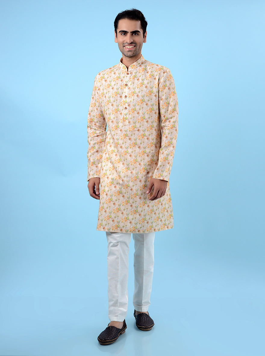 Men's beige kurta pajama set in linen, designed for ethnic wear during special cultural occasions.