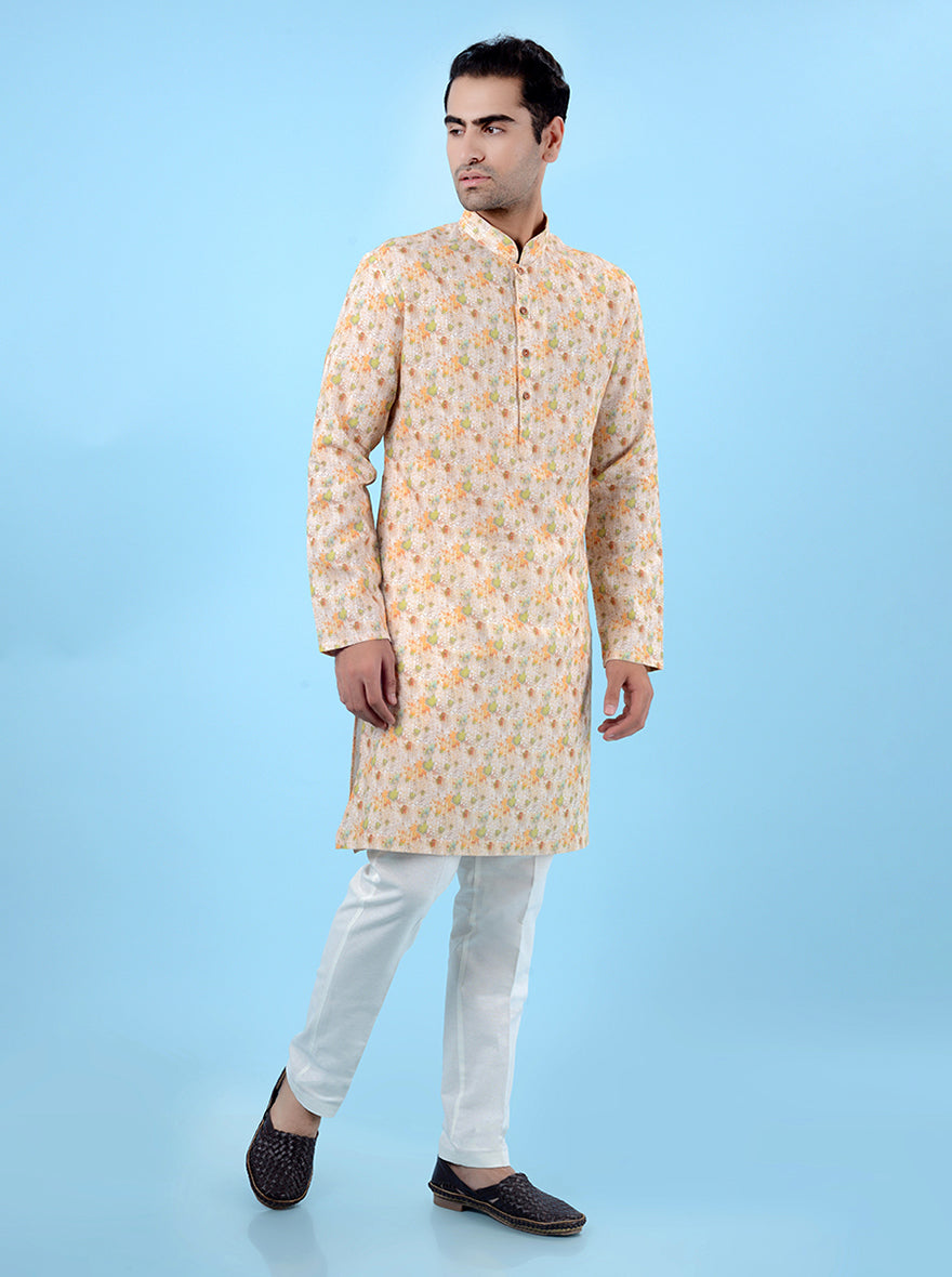 Beige multi linen kurta pajama for men, offering traditional design and comfort for festive celebrations.