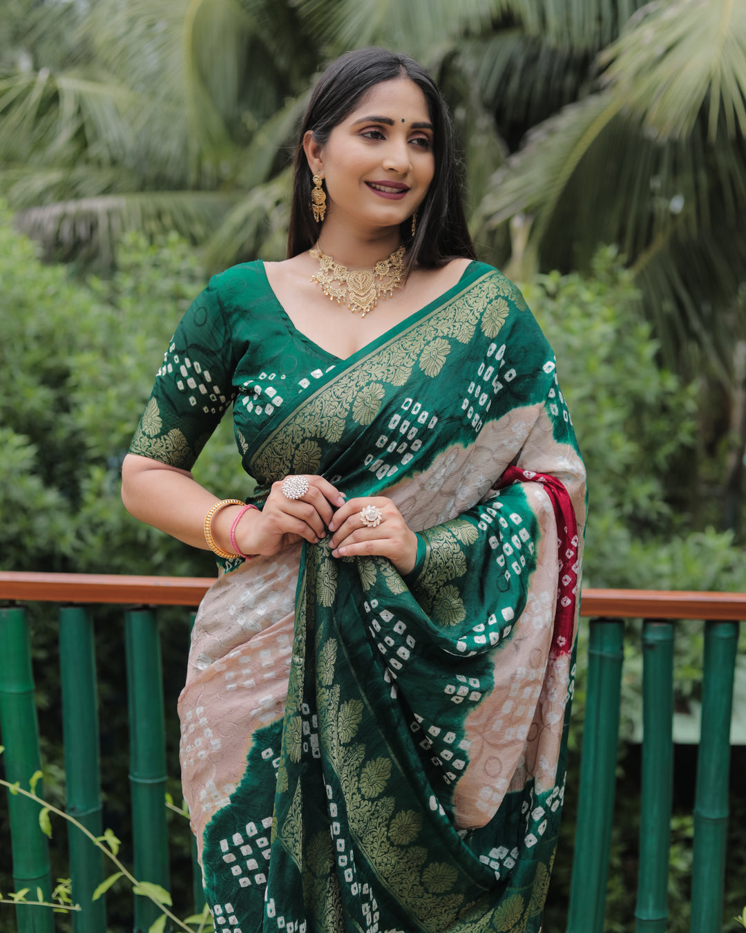 Premium Green Bandhej Silk Saree with intricate zari details and a beautifully woven pallu.