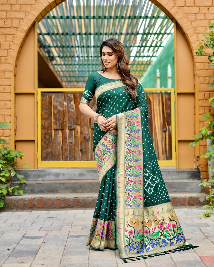 Dark green Bandhej Paithani silk saree featuring a stunning Paithani border with intricate zari details and tassels.