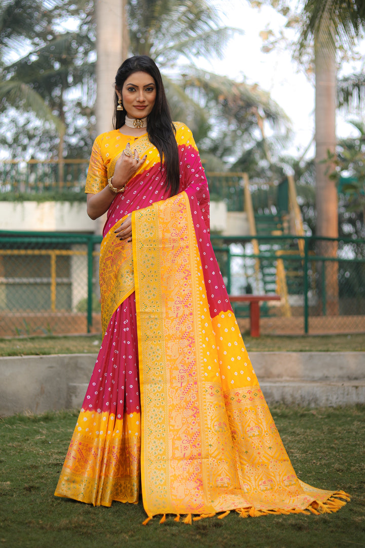 Yellow Pure Bandhej Silk Saree with Kanjivaram border and Minakari pallu, perfect for weddings.