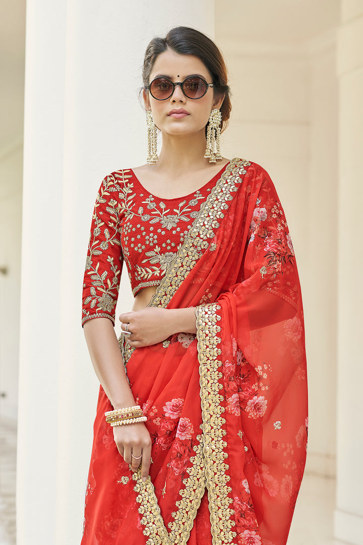 Floral Printed Red Embroidered Organza Saree | With Blouse Included