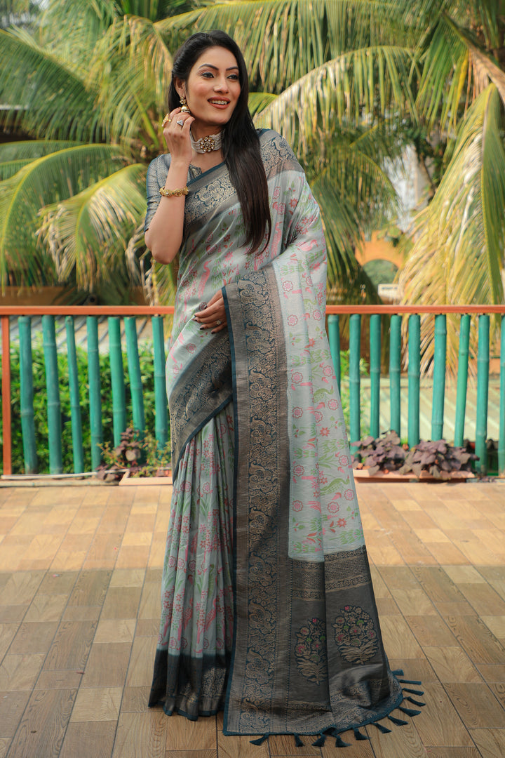 Graceful sky-blue Kanjivaram soft silk saree with a heavy blouse, an elegant choice for festive occasions.