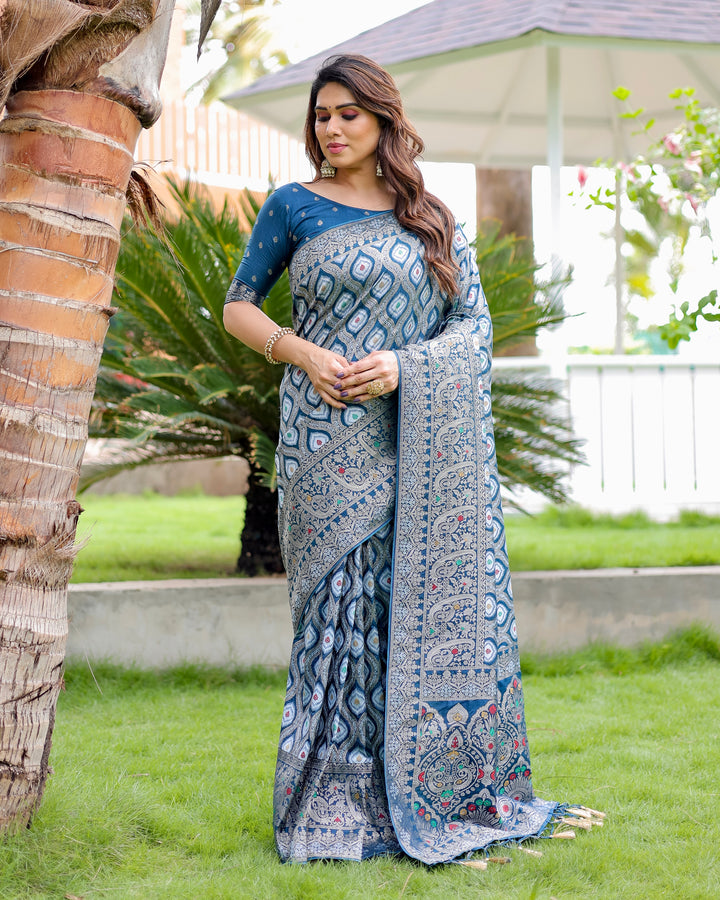 Vibrant blue Kanjivaram Pattu Silk Saree with detailed zari weaving, perfect for USA celebrations.