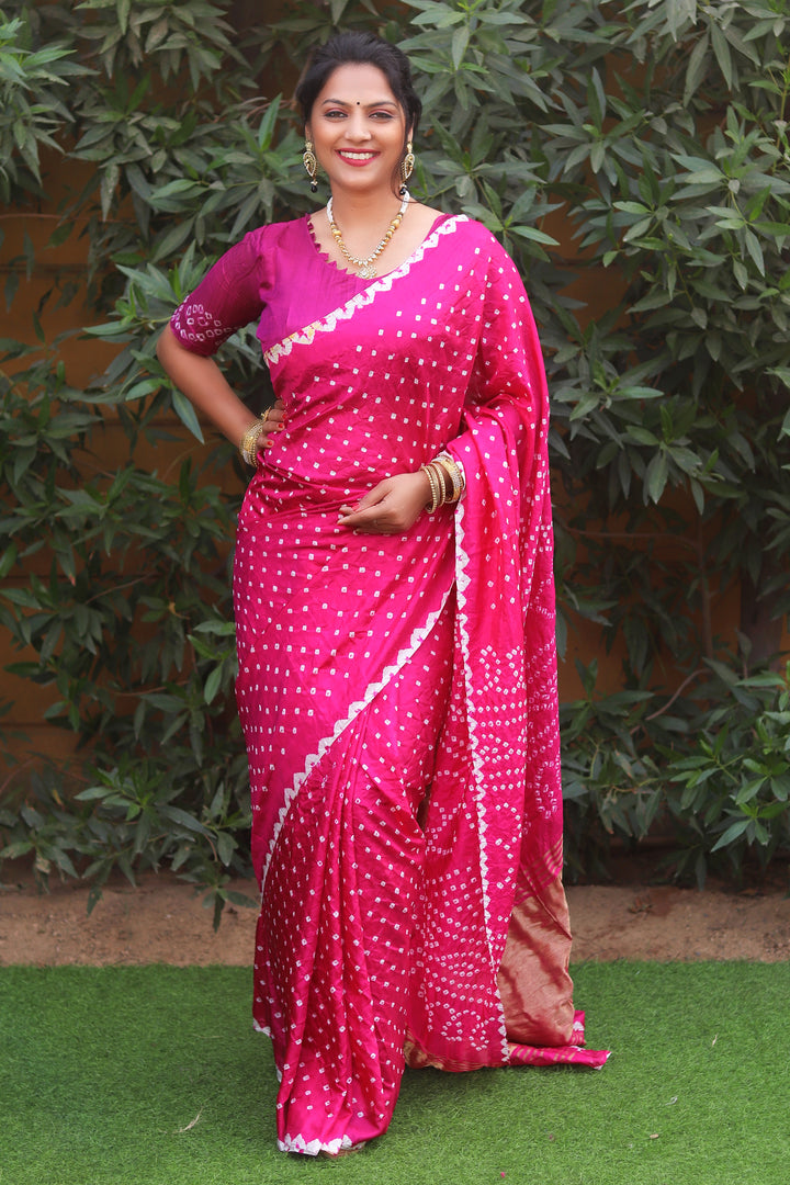 Classic pink Bandhej silk saree with Zari Weaving pallu, perfect for Indian cultural celebrations in the USA