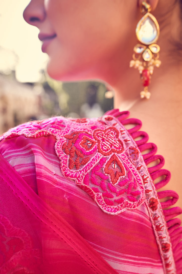 Bright Pink Ruffled Saree | Elegant Organza Design with Zari Work