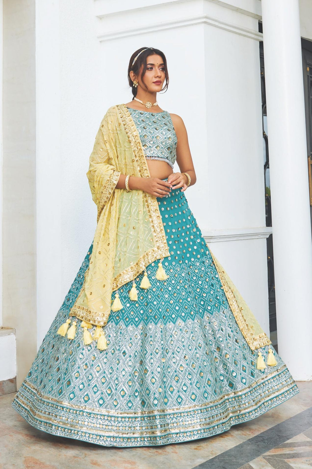 Sophisticated sky-blue georgette lehenga set, perfect for festive occasions, combining elegance with comfort in design.