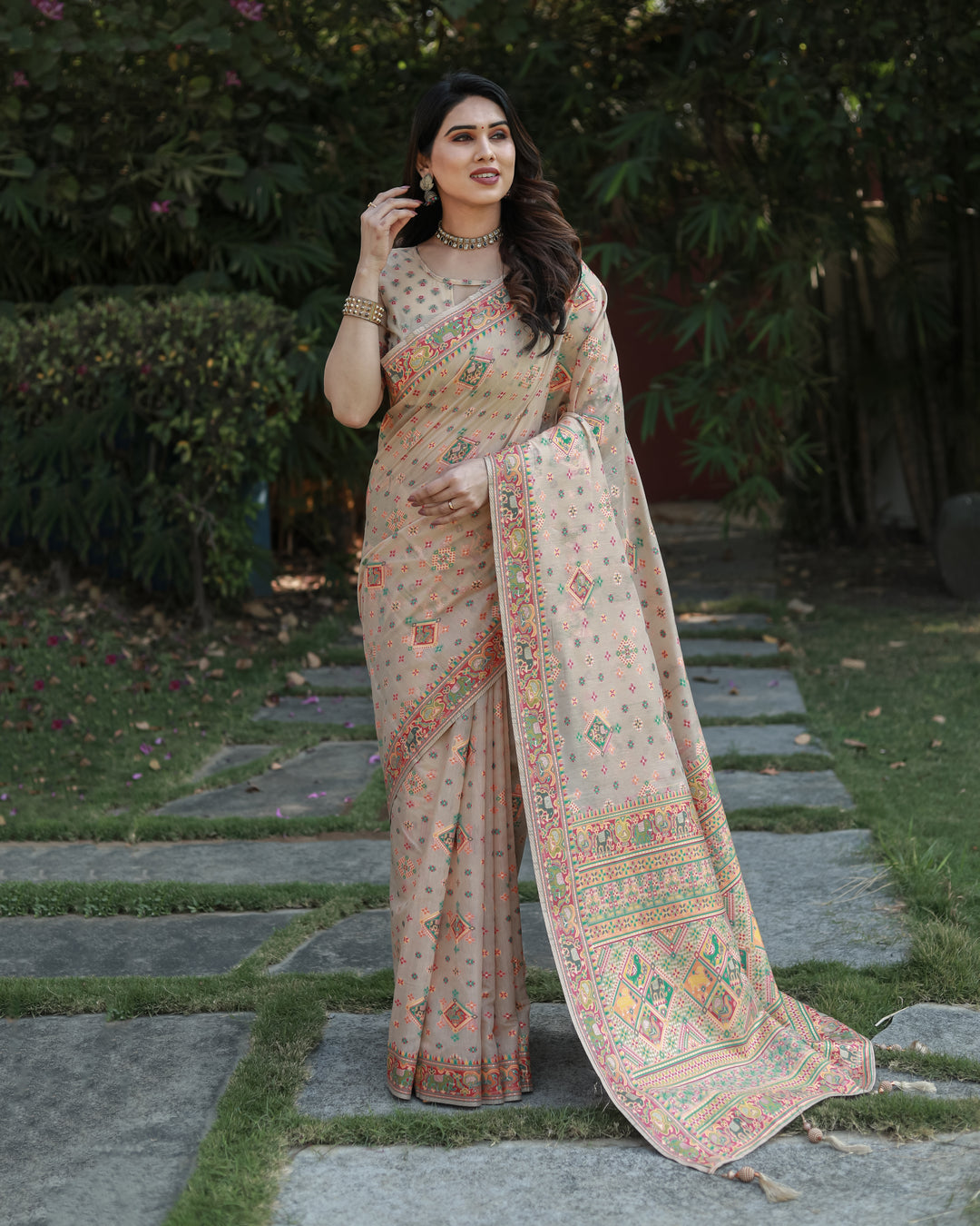 Exquisite Beige Pashmina Cotton Saree with woven Pallu, designed for festive wear.