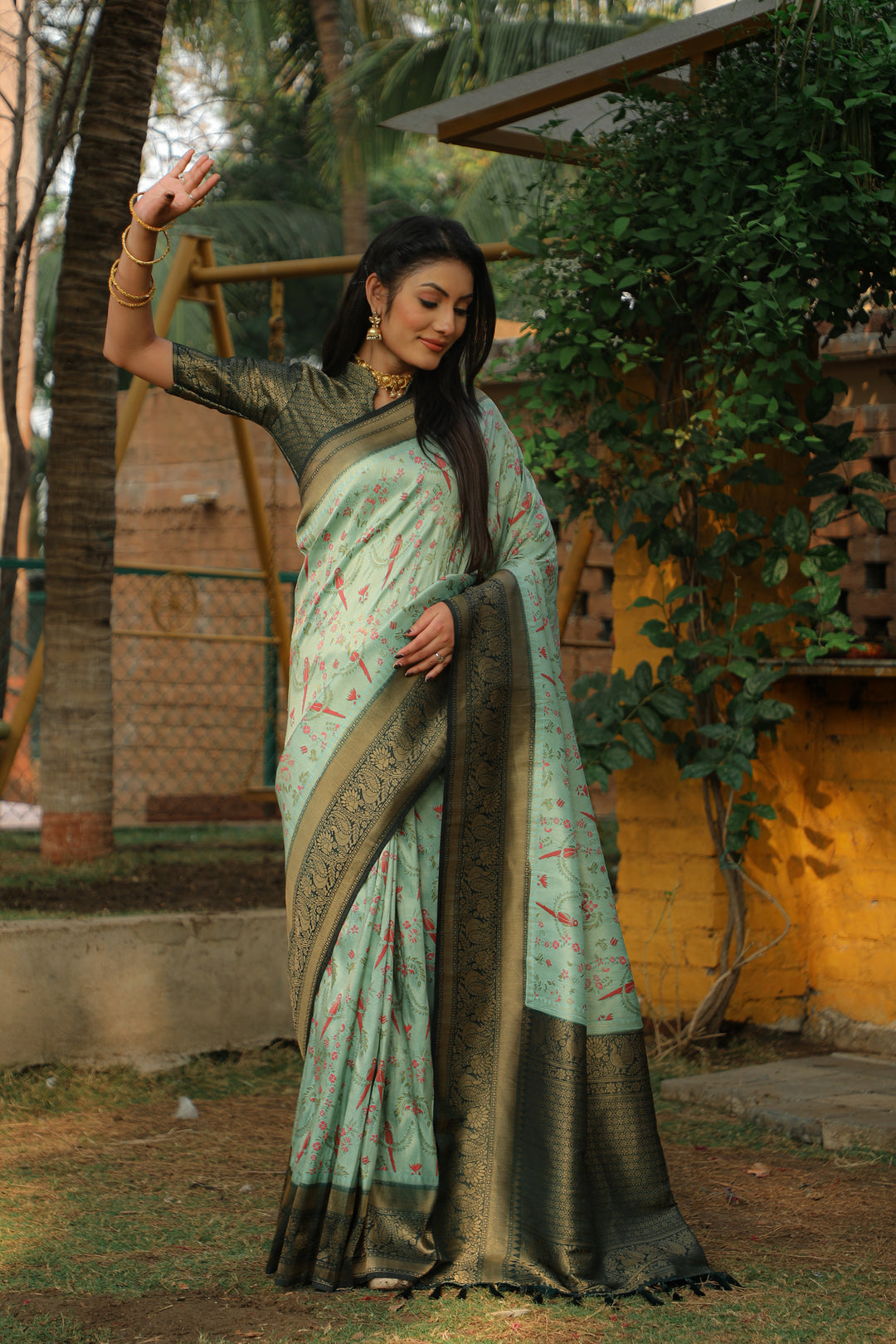 Latest saree in Mint green, featuring intricate Kanjivaram silk work, ideal for weddings and festive celebrations.