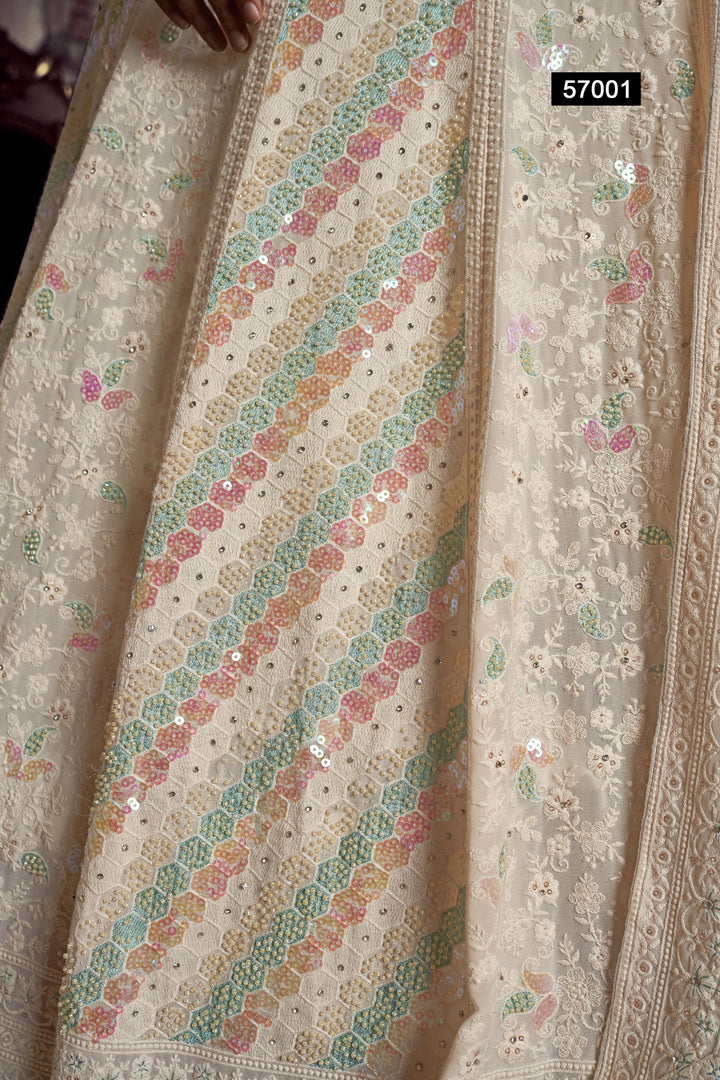 White Georgette Embroidered Lehenga | Semi-Stitched with Blouse